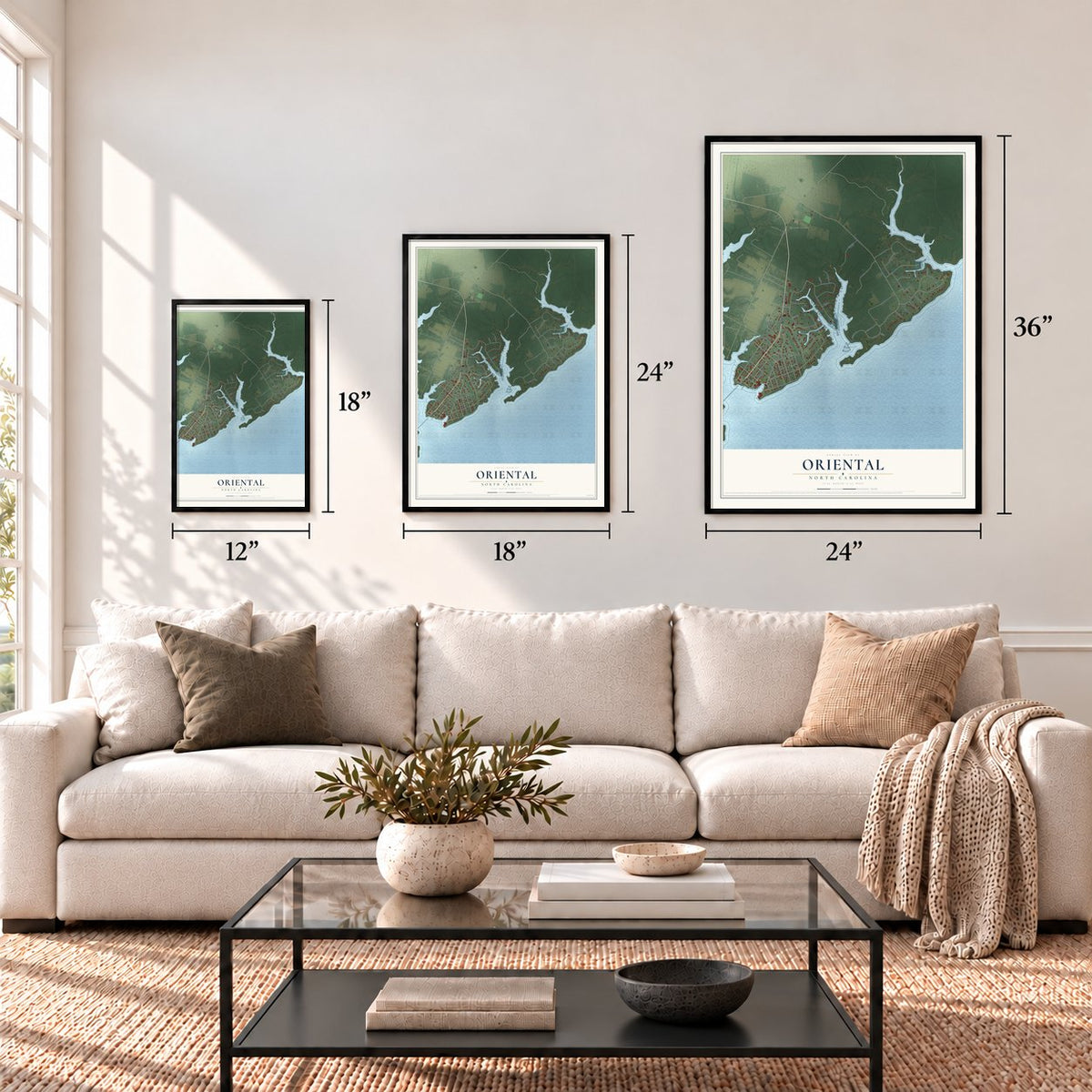 Oriental, North Carolina map in 12 x 18, 18 x 24 and 24 x 36 inch sizes above a sofa