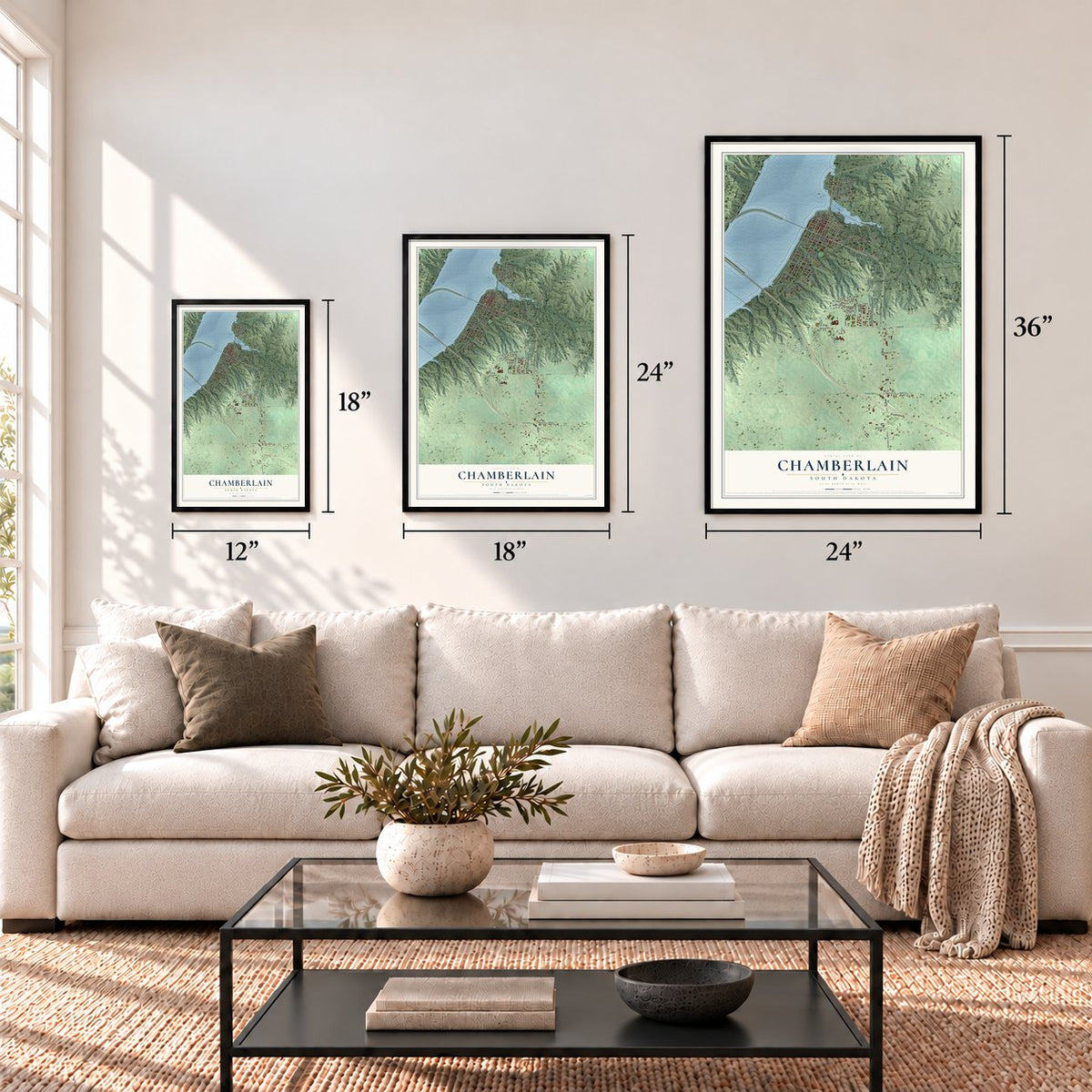 Chamberlain, South Dakota map in 12 x 18, 18 x 24 and 24 x 36 inch sizes above a sofa