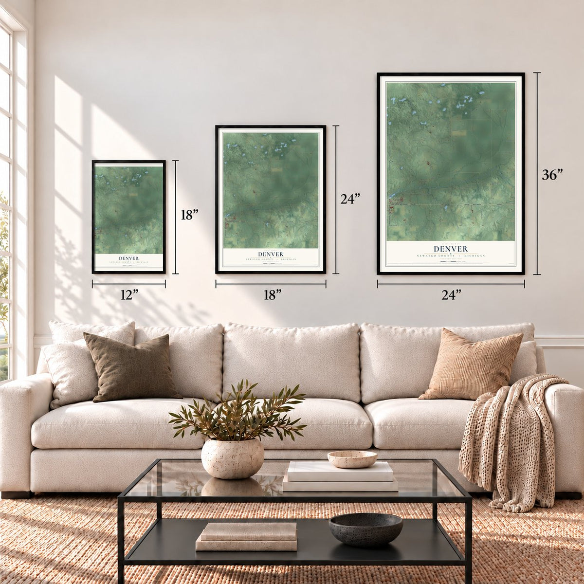 Denver, Newaygo County, Michigan map in 12 x 18, 18 x 24 and 24 x 36 inch sizes above a sofa