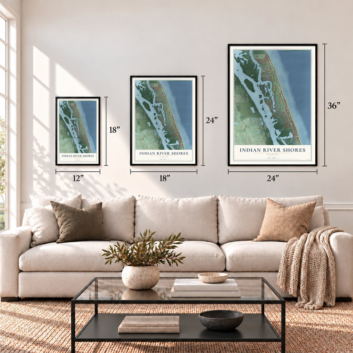 Indian River Shores, Florida map in 12 x 18, 18 x 24 and 24 x 36 inch sizes above a sofa