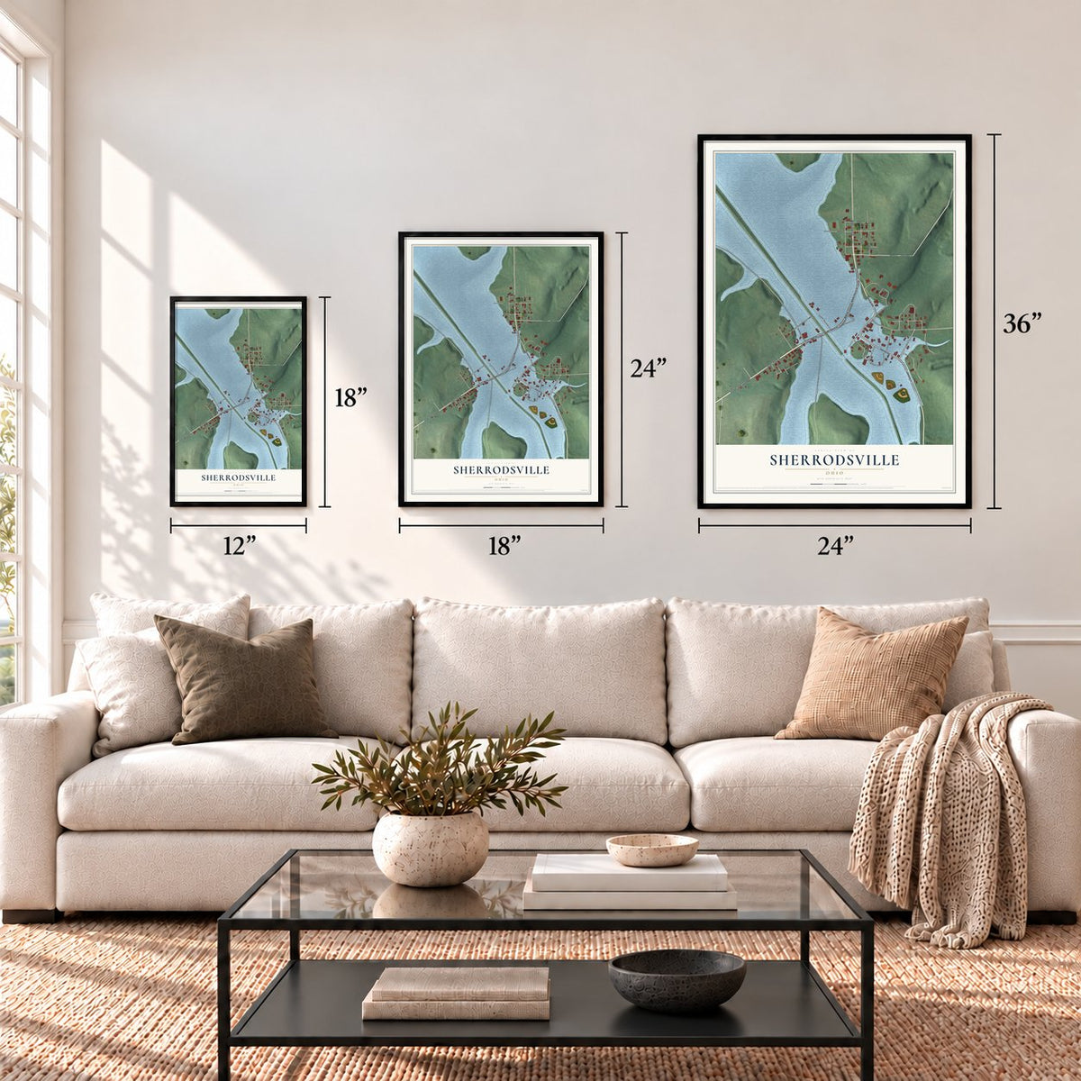 Sherrodsville, Ohio map in 12 x 18, 18 x 24 and 24 x 36 inch sizes above a sofa
