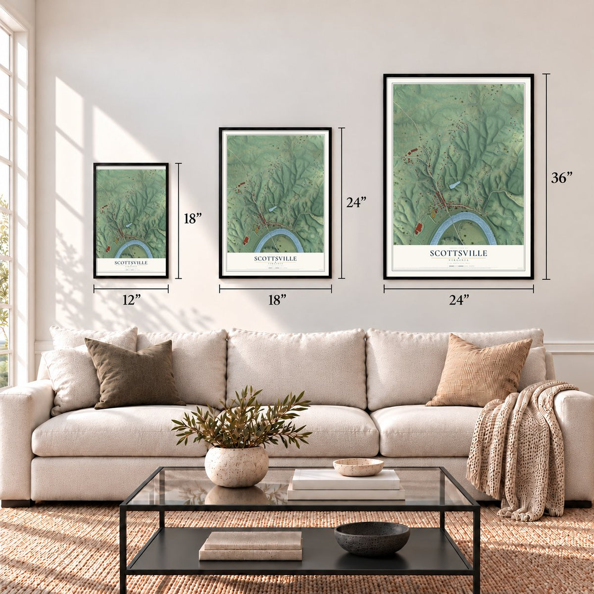 Scottsville, Virginia map in 12 x 18, 18 x 24 and 24 x 36 inch sizes above a sofa