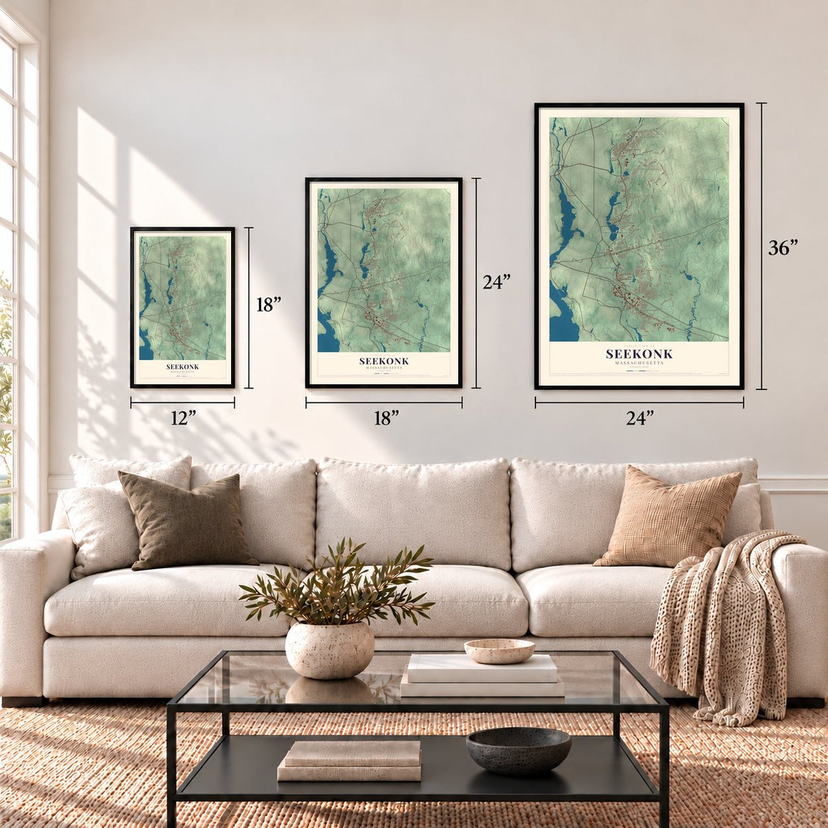 Seekonk, Massachusetts map in 12 x 18, 18 x 24 and 24 x 36 inch sizes above a sofa