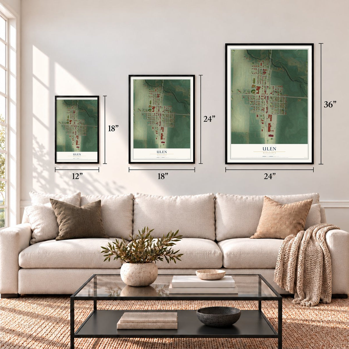 Ulen, Minnesota map in 12 x 18, 18 x 24 and 24 x 36 inch sizes above a sofa
