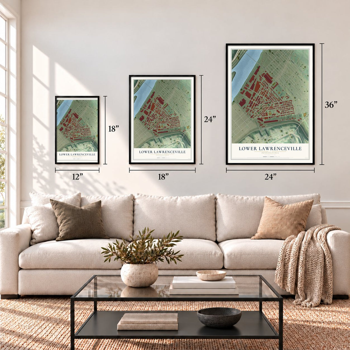 Lower Lawrenceville, Pennsylvania map in 12 x 18, 18 x 24 and 24 x 36 inch sizes above a sofa