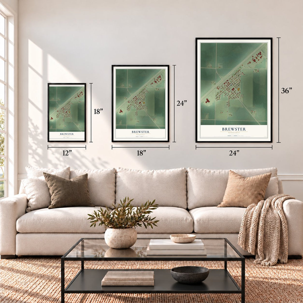 Brewster, Minnesota map in 12 x 18, 18 x 24 and 24 x 36 inch sizes above a sofa