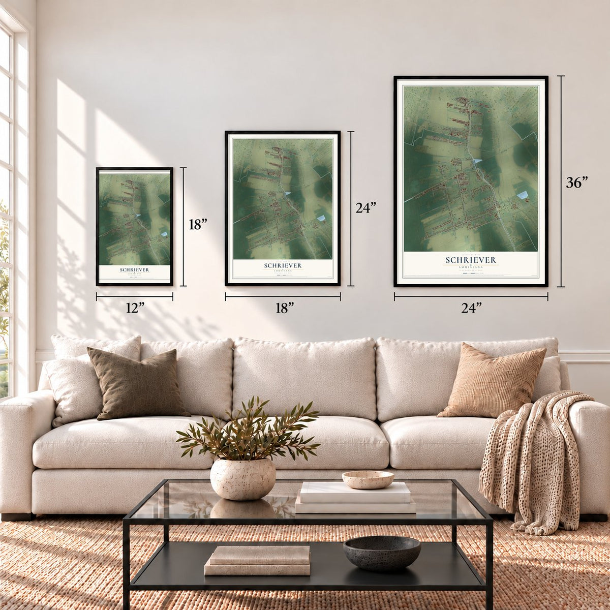 Schriever, Louisiana map in 12 x 18, 18 x 24 and 24 x 36 inch sizes above a sofa