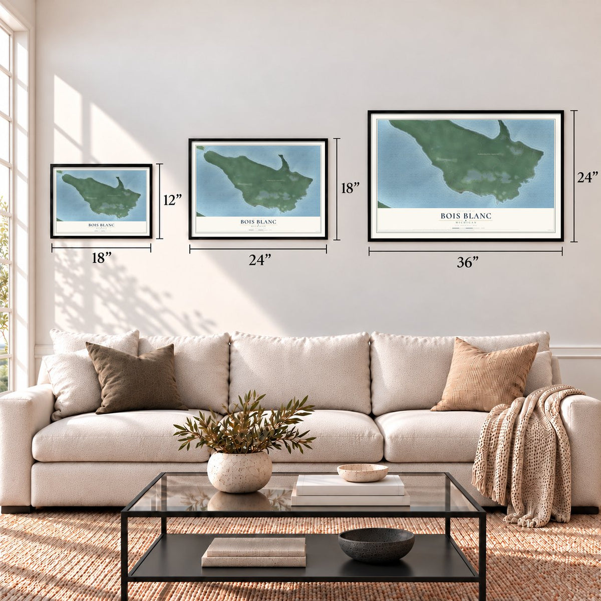 Bois Blanc, Michigan map in 12 x 18, 18 x 24 and 24 x 36 inch sizes above a sofa