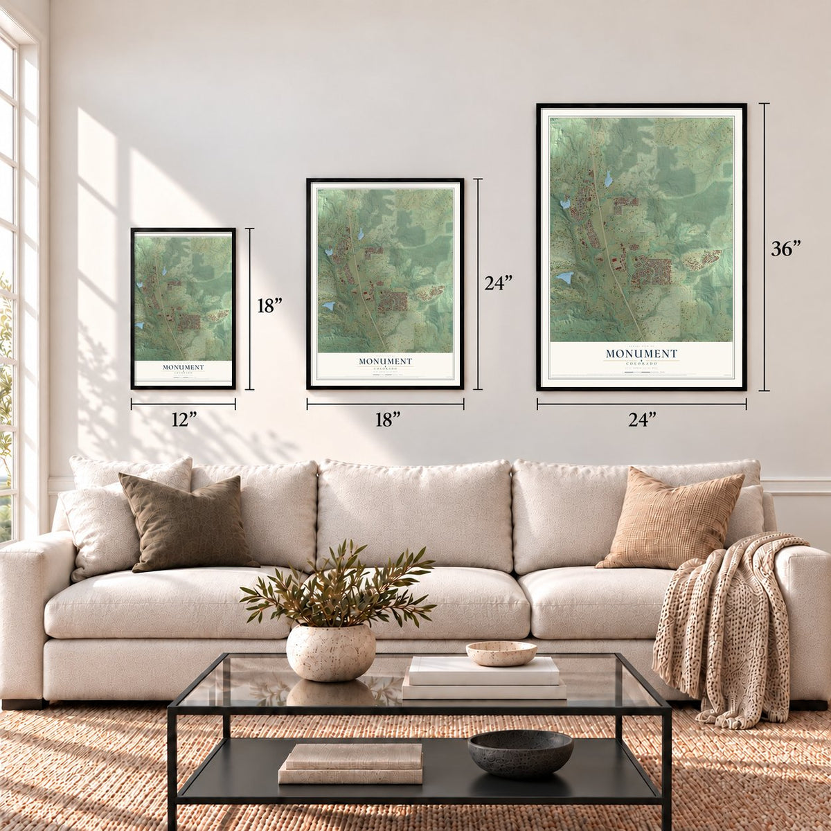 Monument, Colorado map in 12 x 18, 18 x 24 and 24 x 36 inch sizes above a sofa