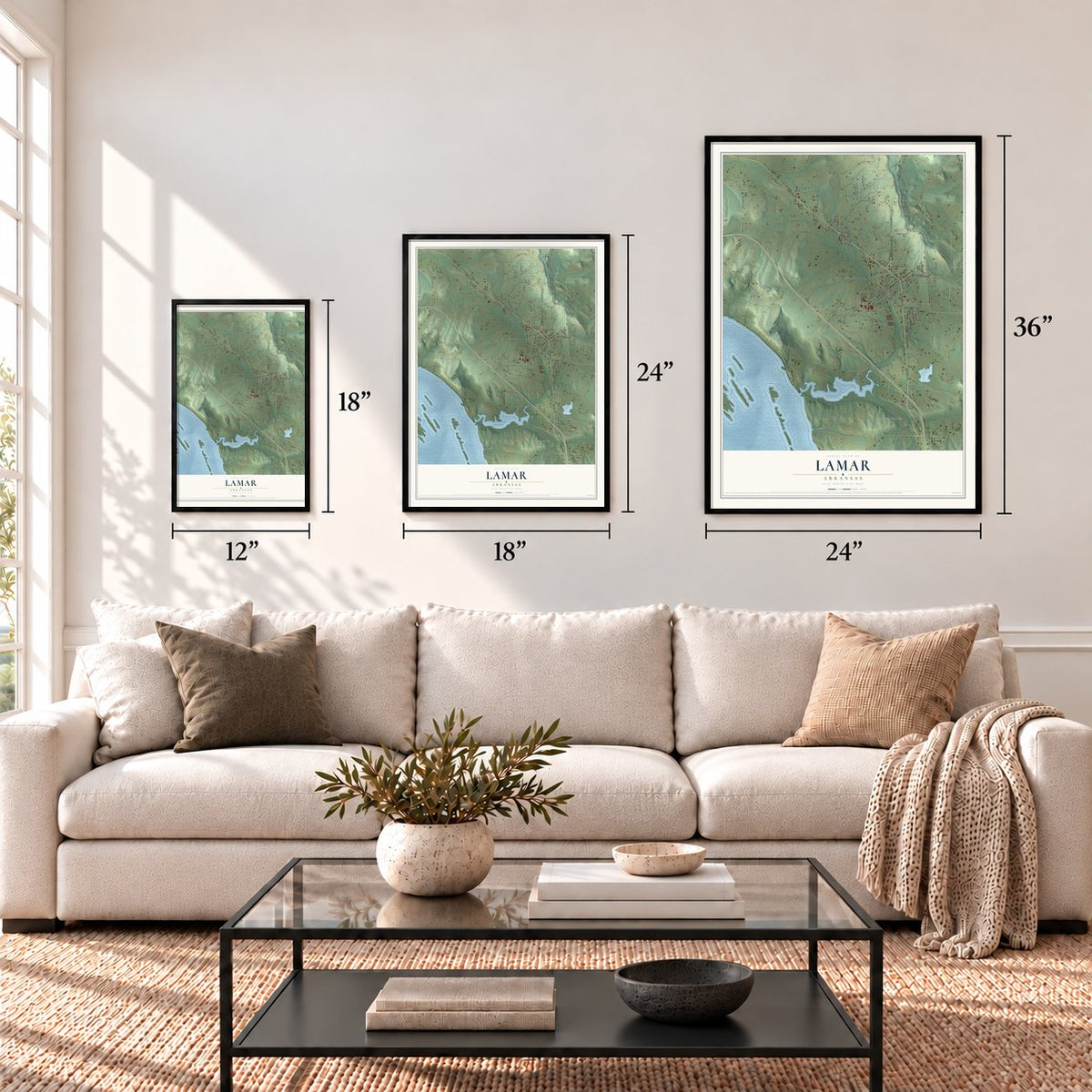 Lamar, Arkansas map in 12 x 18, 18 x 24 and 24 x 36 inch sizes above a sofa