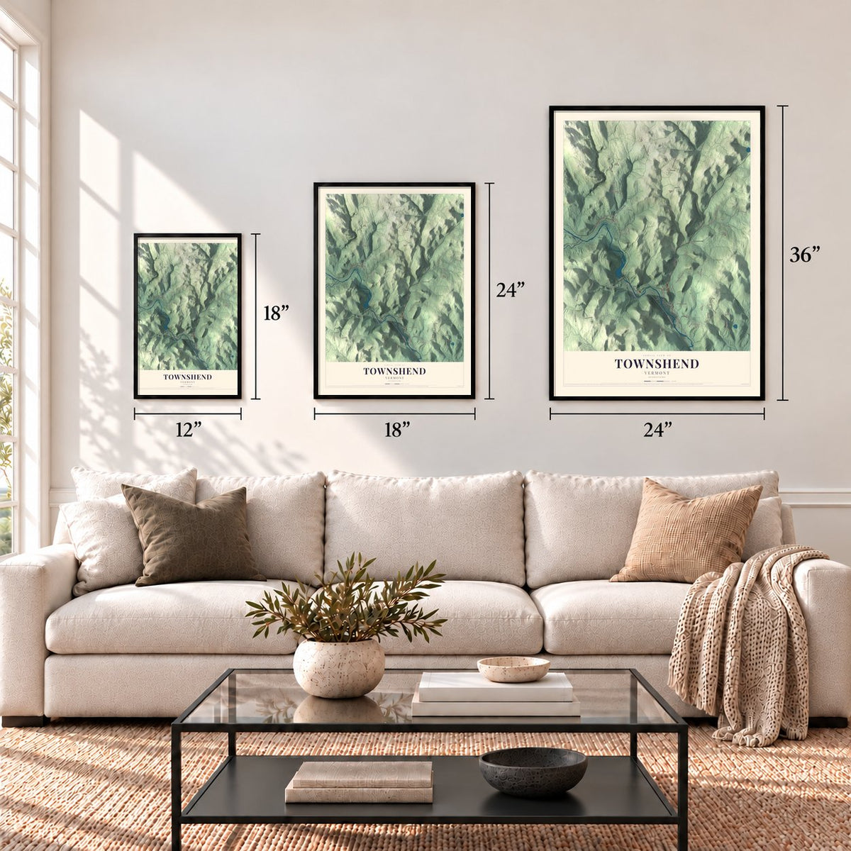 Townshend, Vermont map in 12 x 18, 18 x 24 and 24 x 36 inch sizes above a sofa