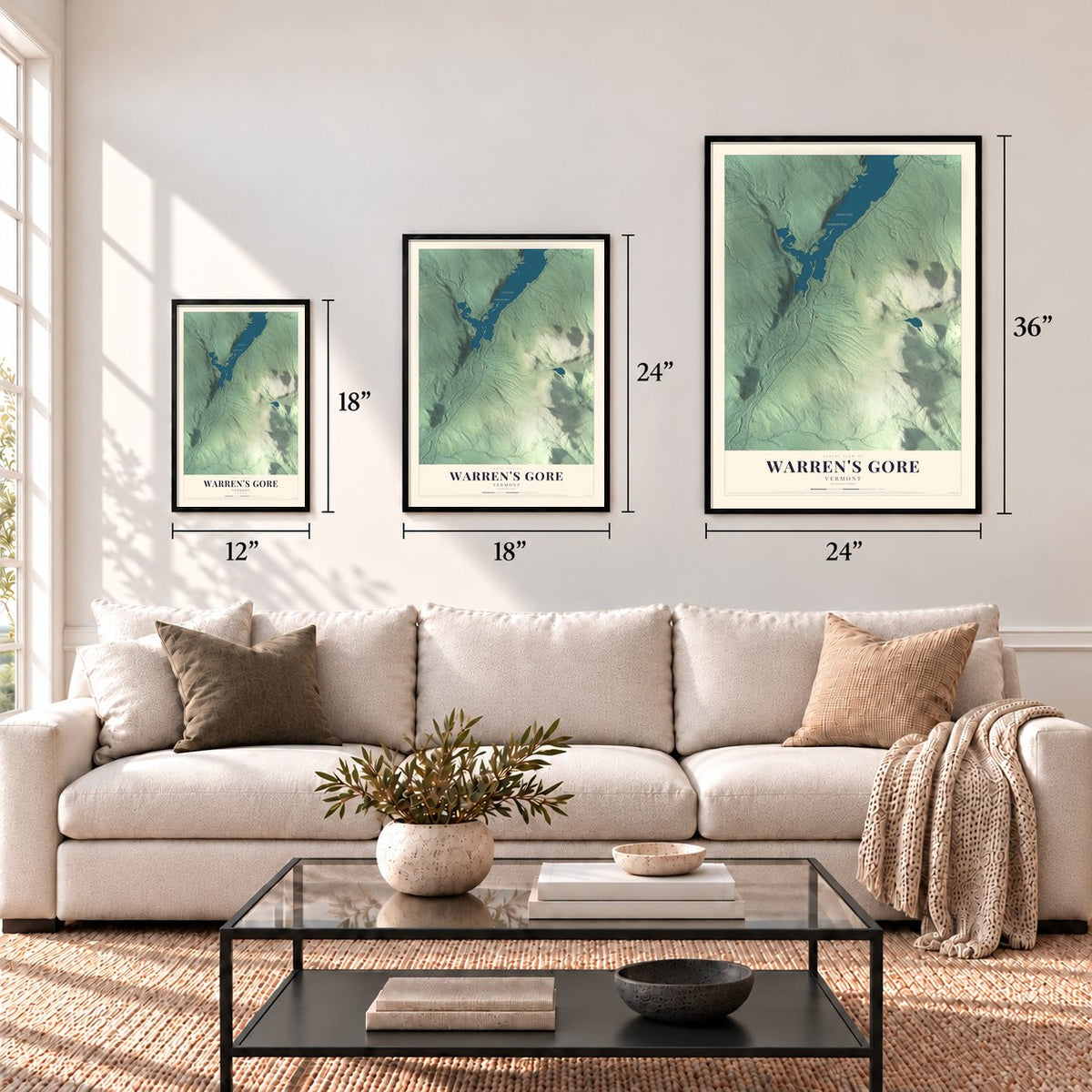 Warren's Gore, Vermont map in 12 x 18, 18 x 24 and 24 x 36 inch sizes above a sofa