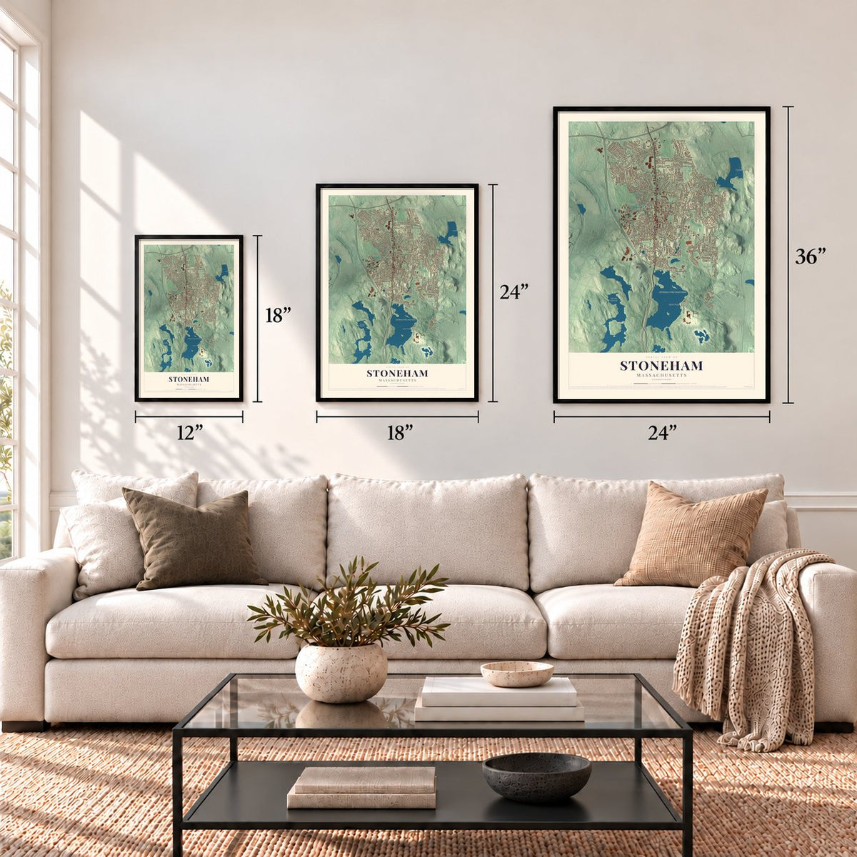 Stoneham, Massachusetts map in 12 x 18, 18 x 24 and 24 x 36 inch sizes above a sofa