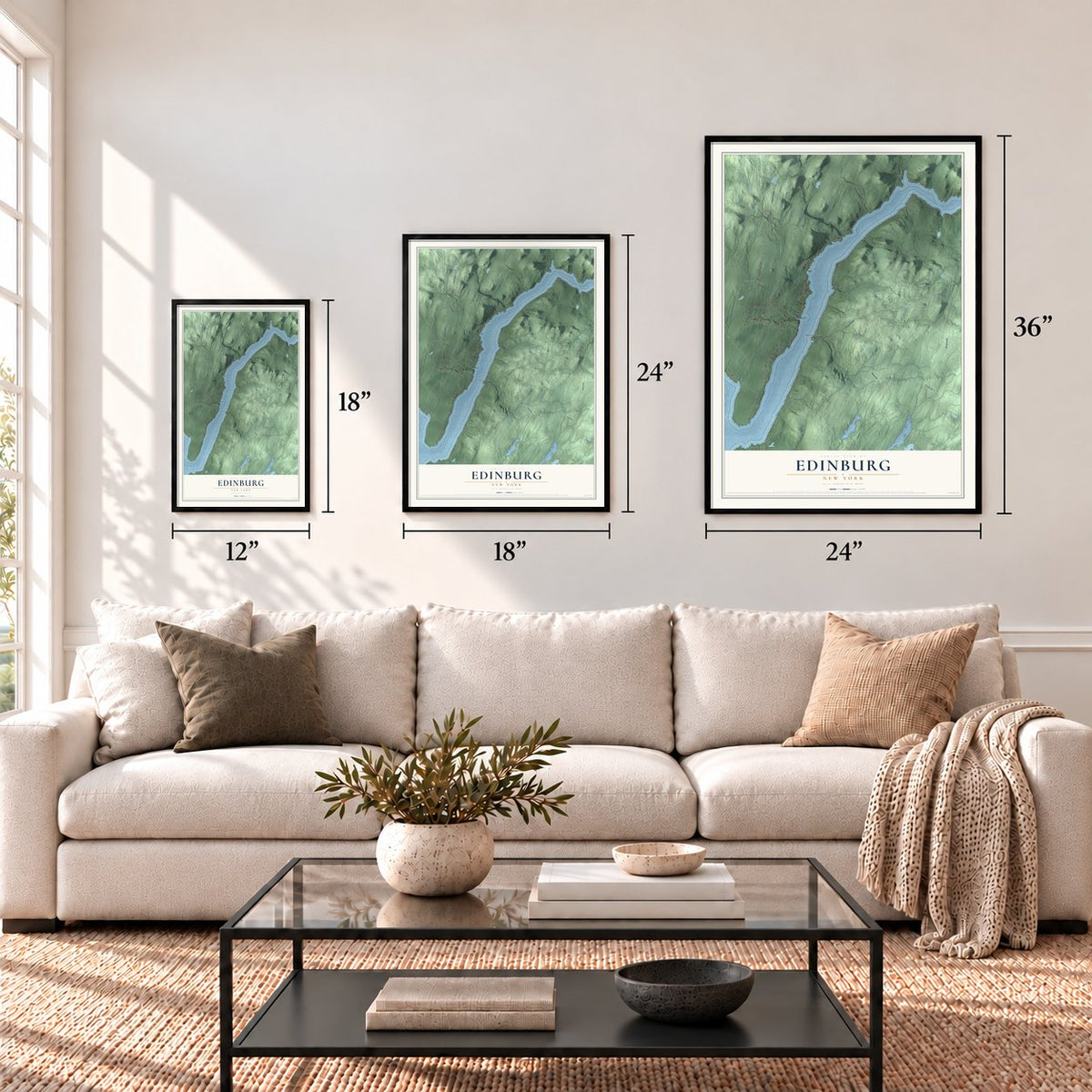 Edinburg, New York map in 12 x 18, 18 x 24 and 24 x 36 inch sizes above a sofa