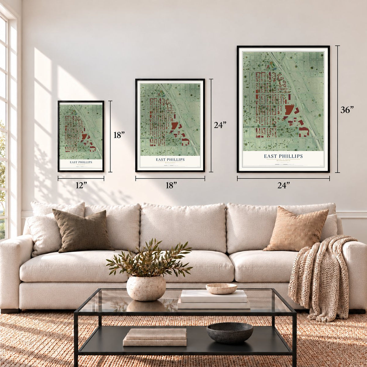 East Phillips, Minnesota map in 12 x 18, 18 x 24 and 24 x 36 inch sizes above a sofa
