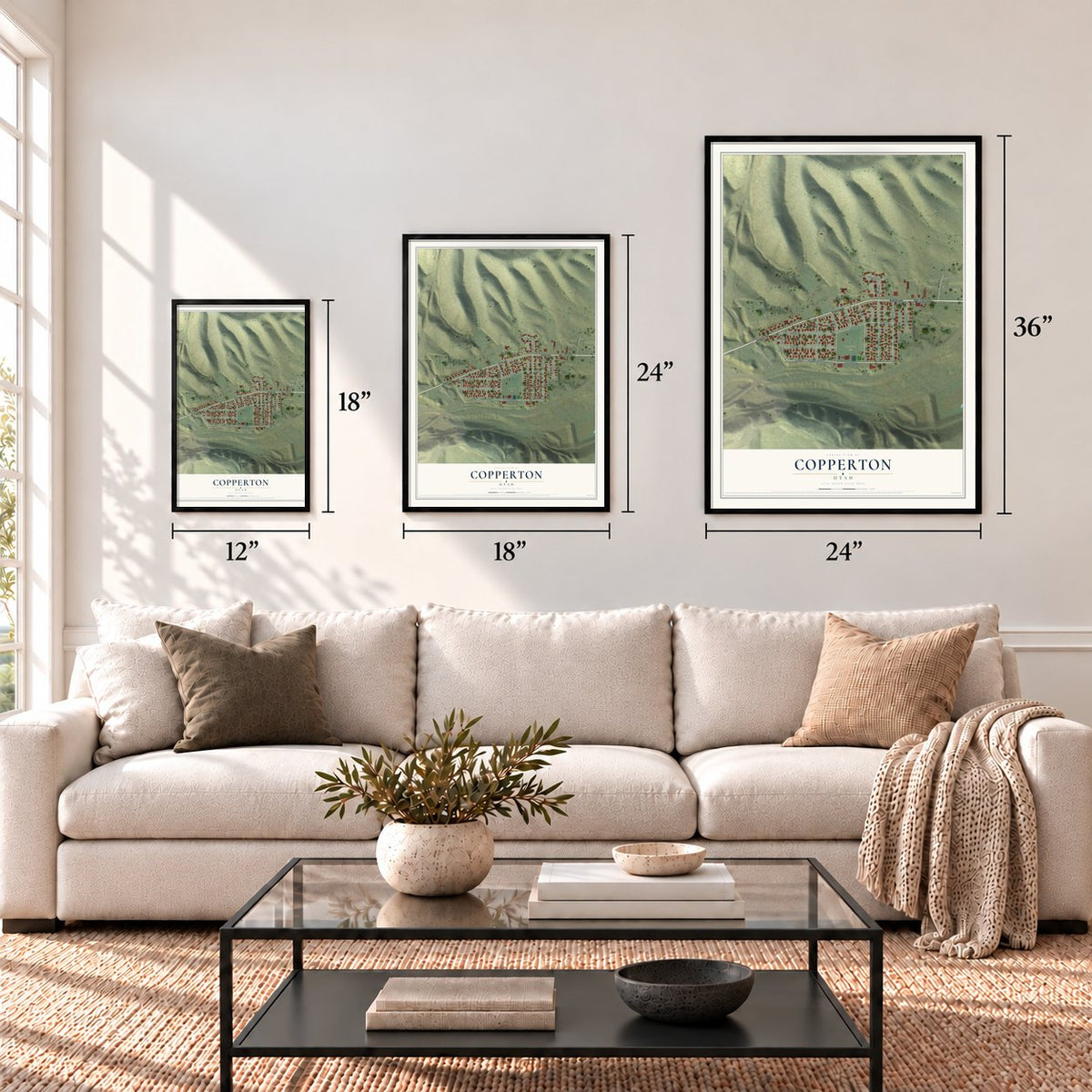 Copperton, Utah map in 12 x 18, 18 x 24 and 24 x 36 inch sizes above a sofa