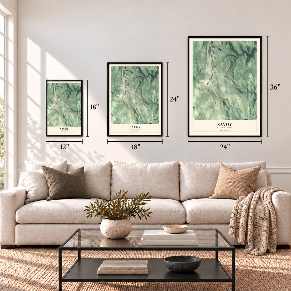 Savoy, Massachusetts map in 12 x 18, 18 x 24 and 24 x 36 inch sizes above a sofa