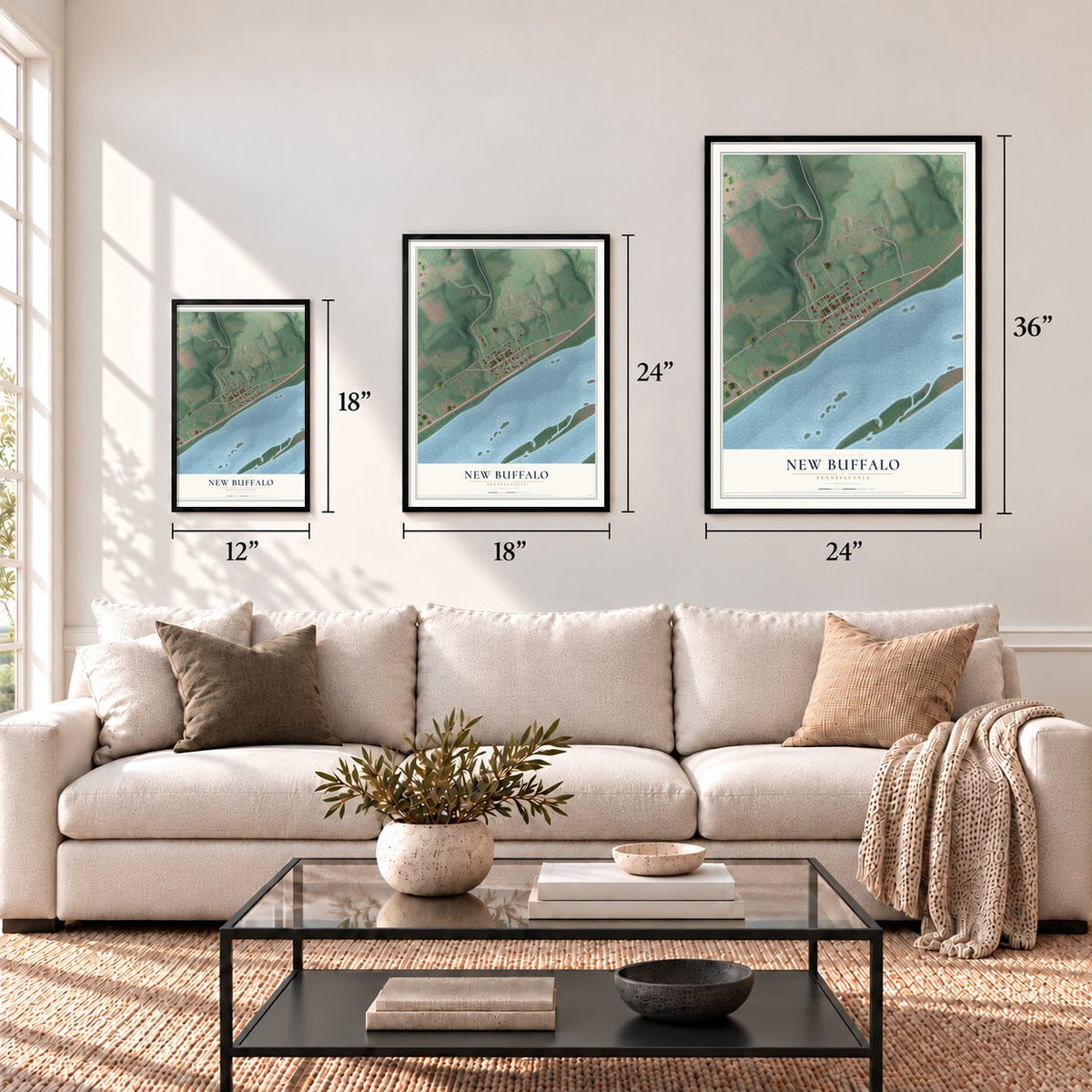 New Buffalo, Pennsylvania map in 12 x 18, 18 x 24 and 24 x 36 inch sizes above a sofa