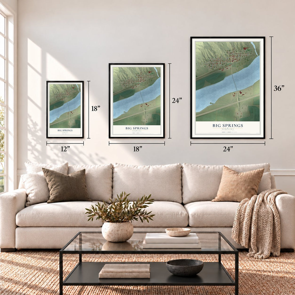 Big Springs, Nebraska map in 12 x 18, 18 x 24 and 24 x 36 inch sizes above a sofa