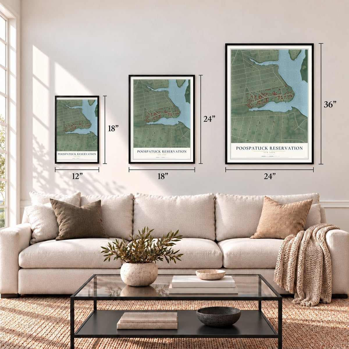 Poospatuck Reservation, New York map in 12 x 18, 18 x 24 and 24 x 36 inch sizes above a sofa