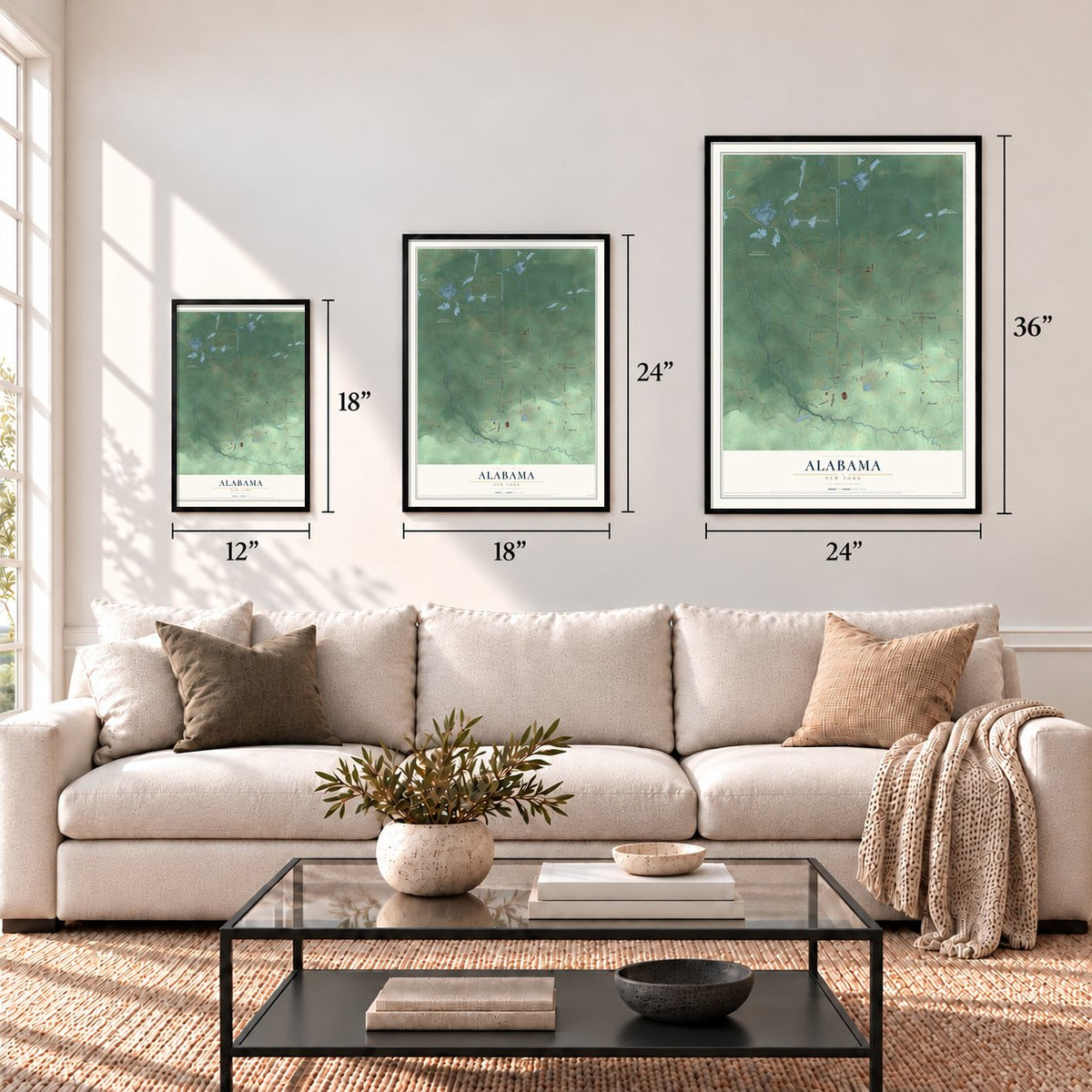 Alabama, New York map in 12 x 18, 18 x 24 and 24 x 36 inch sizes above a sofa