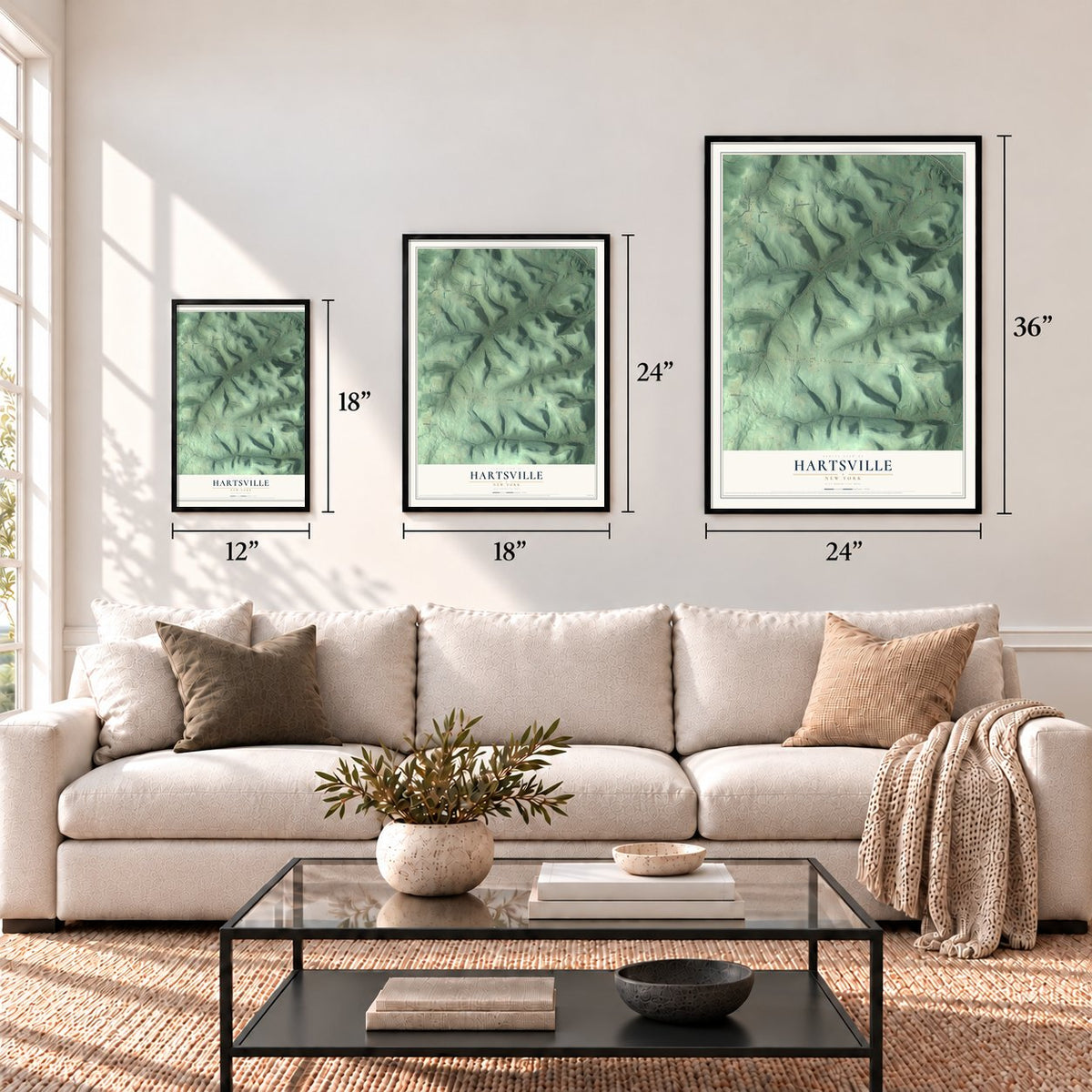 Hartsville, New York map in 12 x 18, 18 x 24 and 24 x 36 inch sizes above a sofa