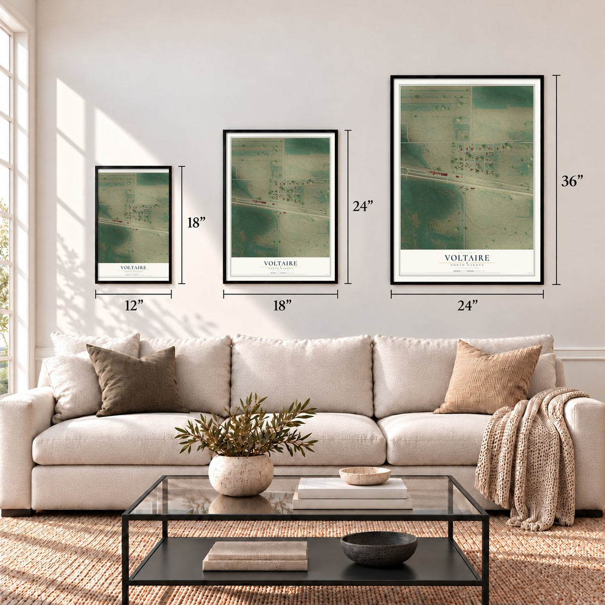 Voltaire, North Dakota map in 12 x 18, 18 x 24 and 24 x 36 inch sizes above a sofa