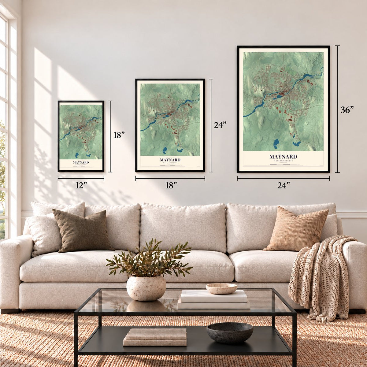 Maynard, Massachusetts map in 12 x 18, 18 x 24 and 24 x 36 inch sizes above a sofa