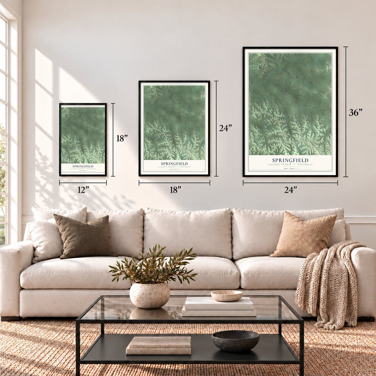 Springfield, Jackson County, Wisconsin map in 12 x 18, 18 x 24 and 24 x 36 inch sizes above a sofa
