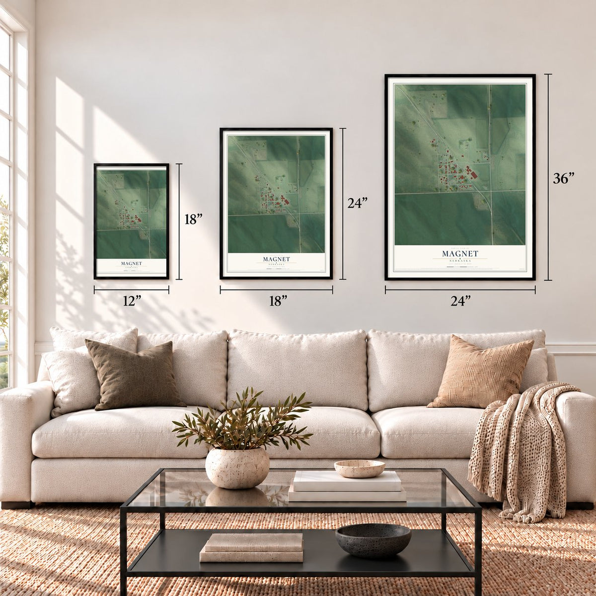 Magnet, Nebraska map in 12 x 18, 18 x 24 and 24 x 36 inch sizes above a sofa