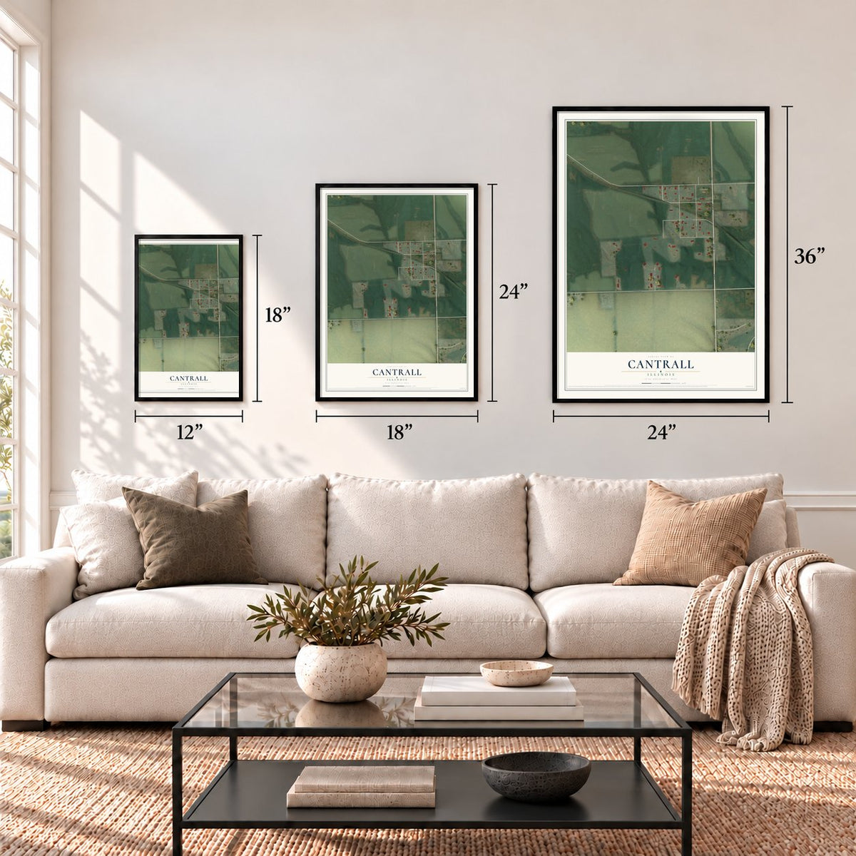 Cantrall, Illinois map in 12 x 18, 18 x 24 and 24 x 36 inch sizes above a sofa