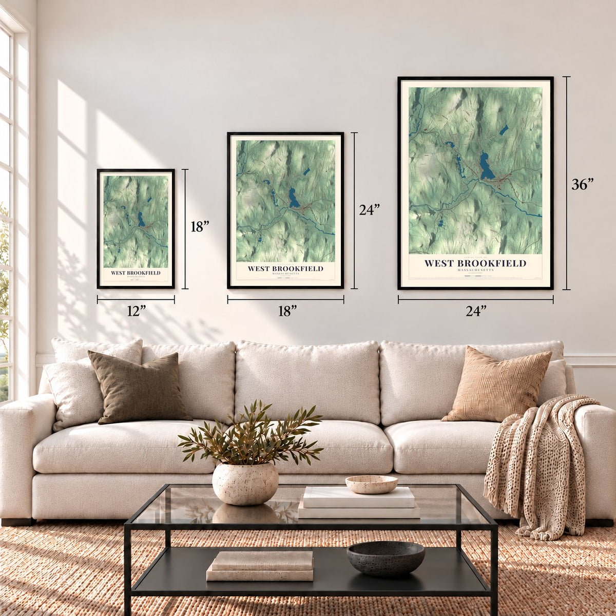 West Brookfield, Massachusetts map in 12 x 18, 18 x 24 and 24 x 36 inch sizes above a sofa