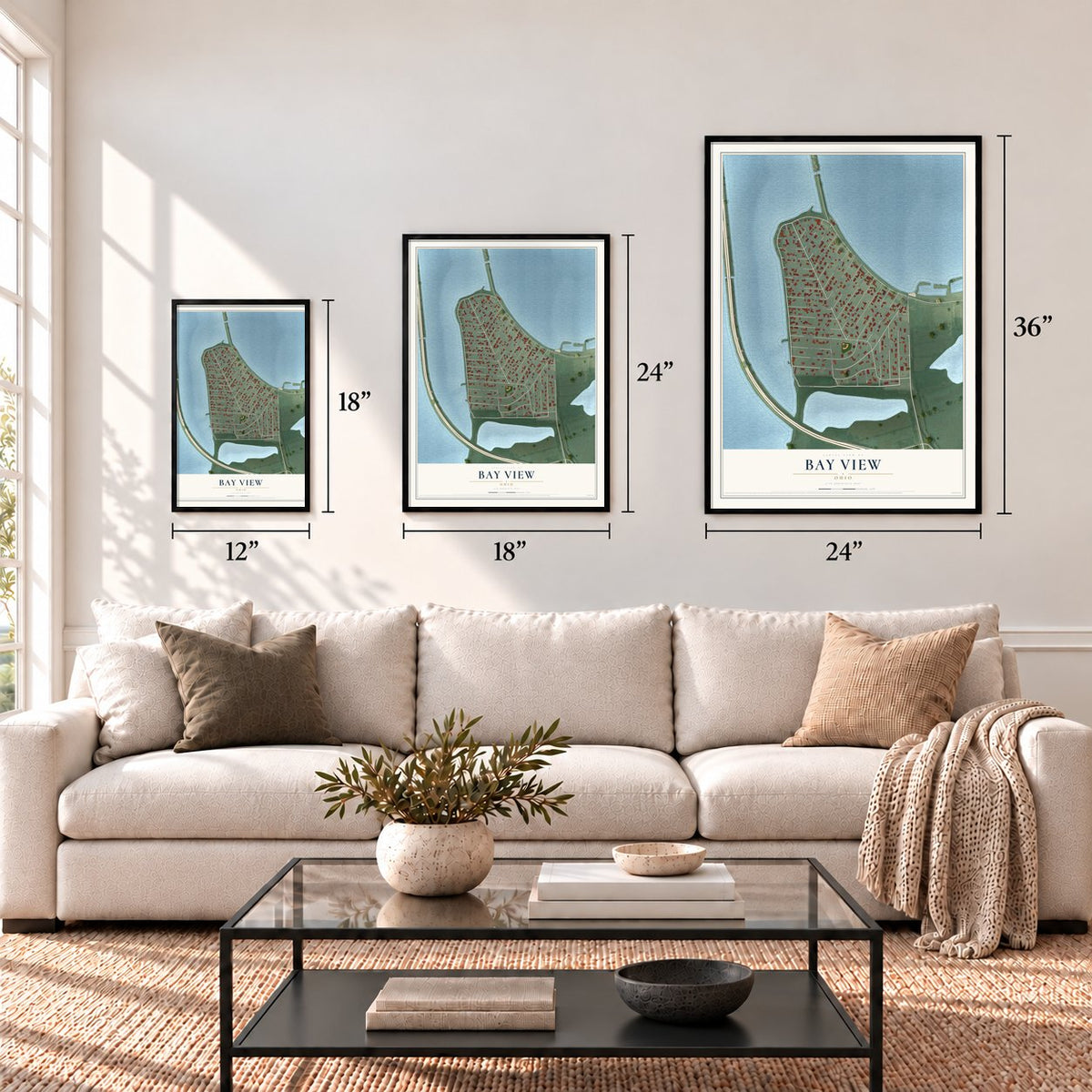 Bay View, Ohio map in 12 x 18, 18 x 24 and 24 x 36 inch sizes above a sofa