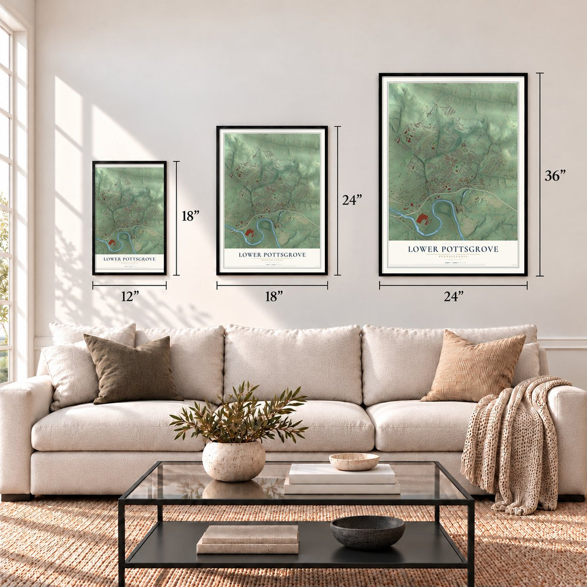 Lower Pottsgrove, Pennsylvania map in 12 x 18, 18 x 24 and 24 x 36 inch sizes above a sofa