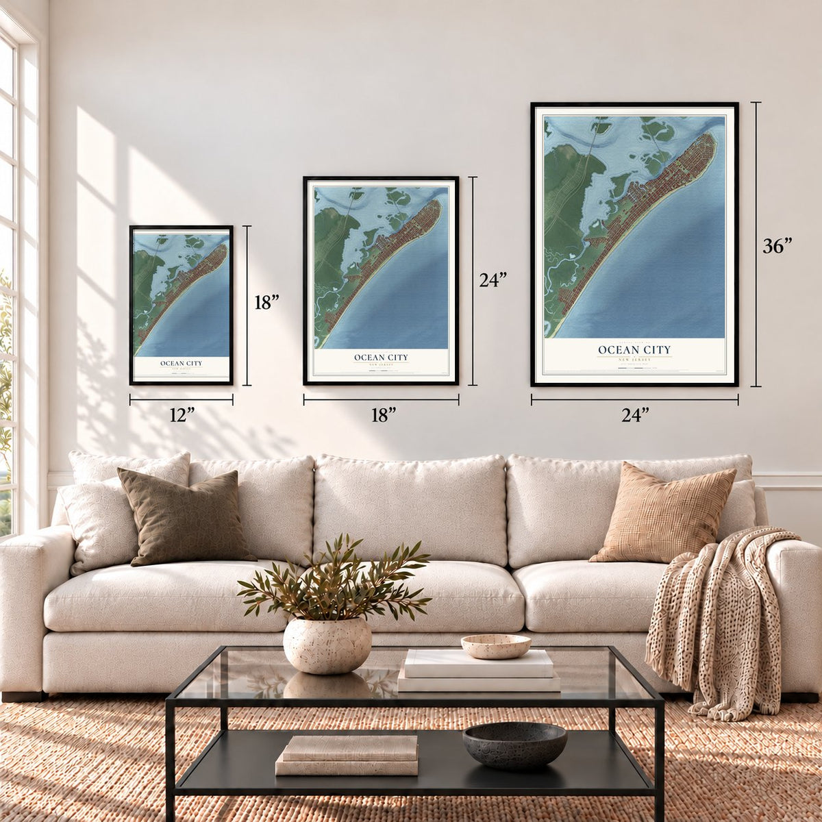 Ocean City, New Jersey map in 12 x 18, 18 x 24 and 24 x 36 inch sizes above a sofa