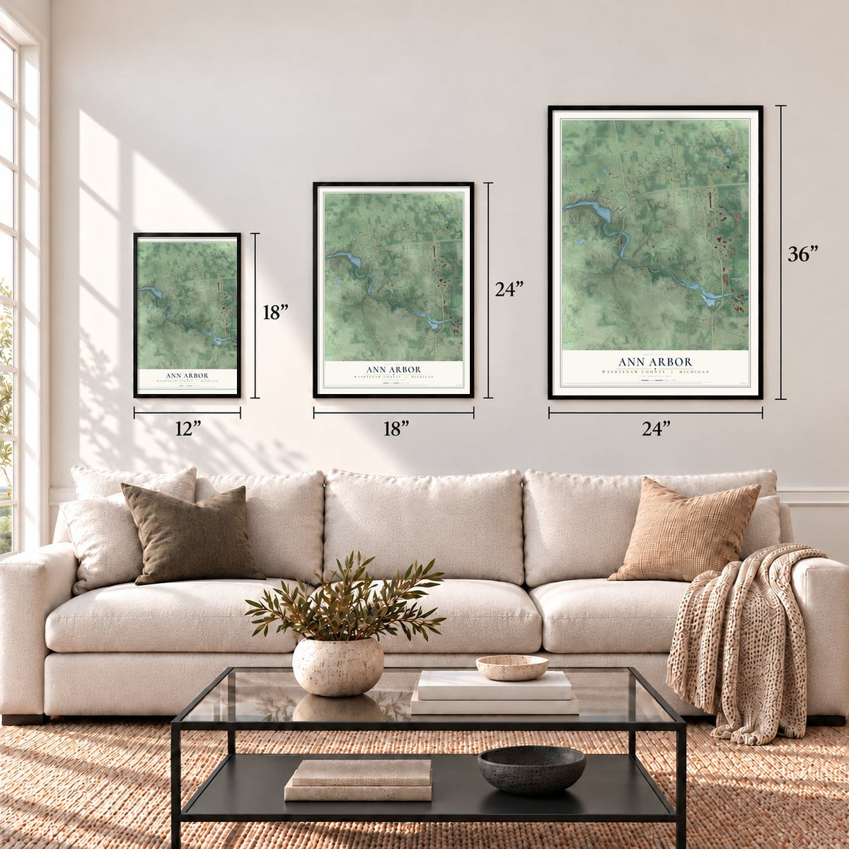 Ann Arbor, Washtenaw County, Michigan map in 12 x 18, 18 x 24 and 24 x 36 inch sizes above a sofa