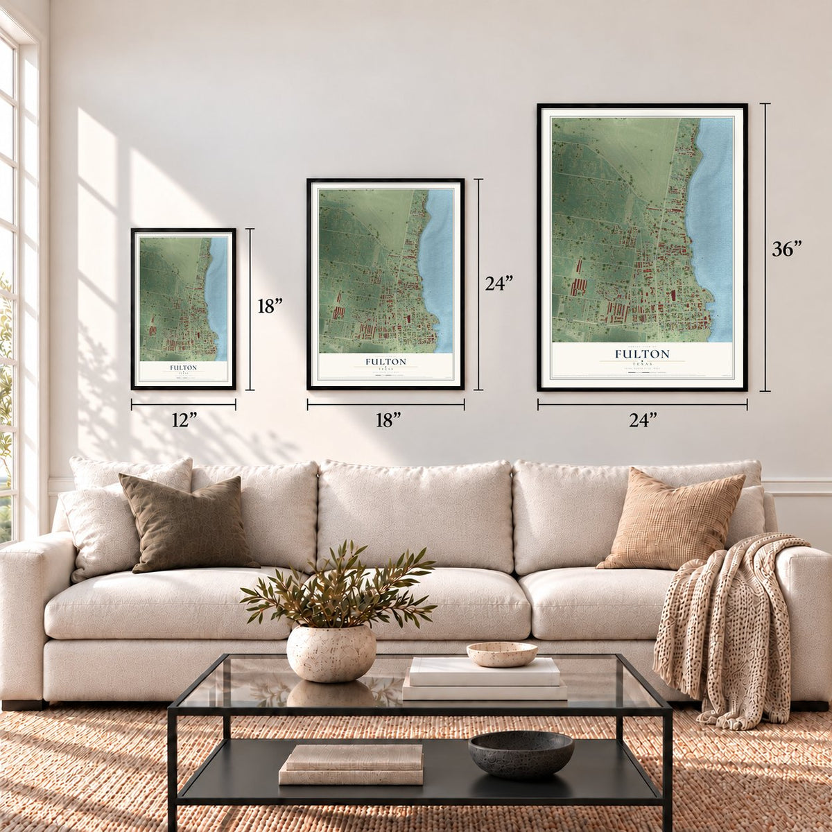 Fulton, Texas map in 12 x 18, 18 x 24 and 24 x 36 inch sizes above a sofa