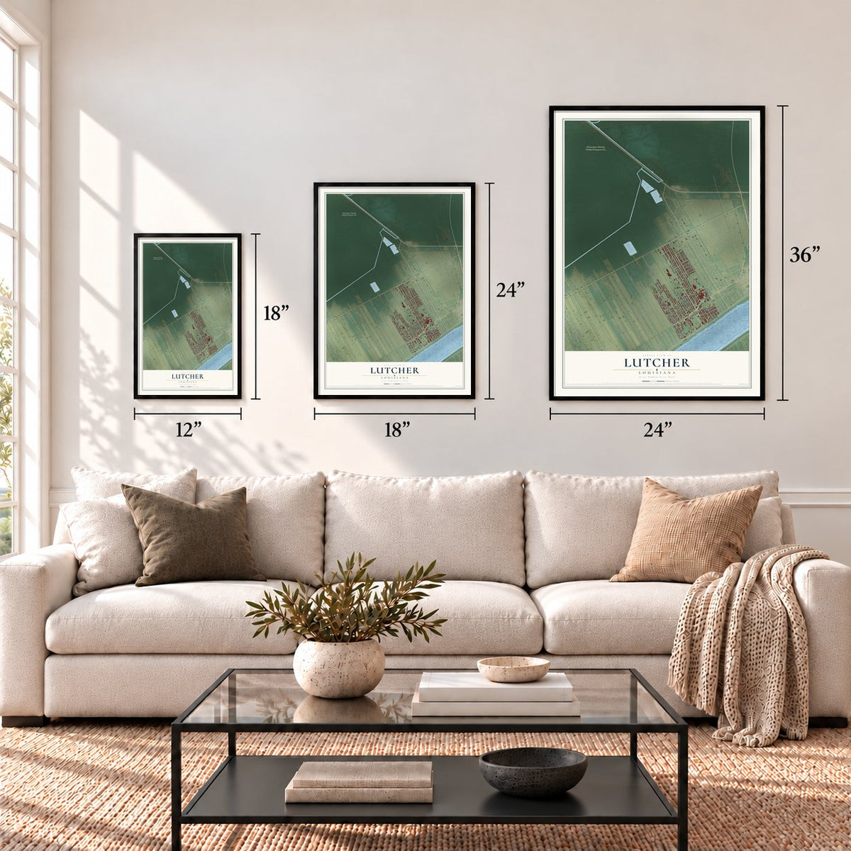 Lutcher, Louisiana map in 12 x 18, 18 x 24 and 24 x 36 inch sizes above a sofa