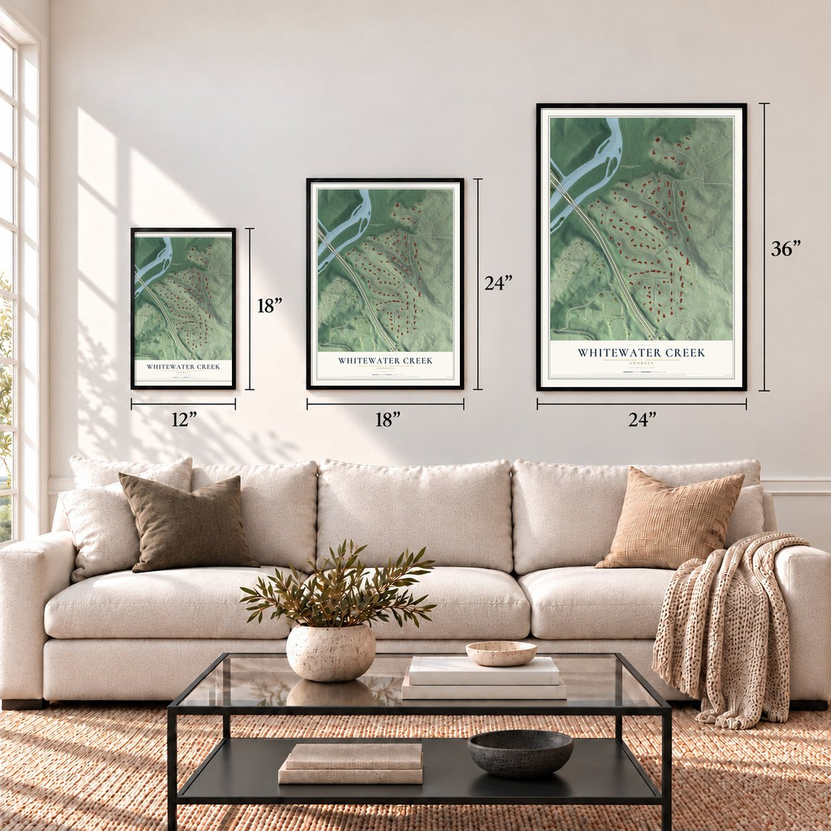 Whitewater Creek, Georgia map in 12 x 18, 18 x 24 and 24 x 36 inch sizes above a sofa