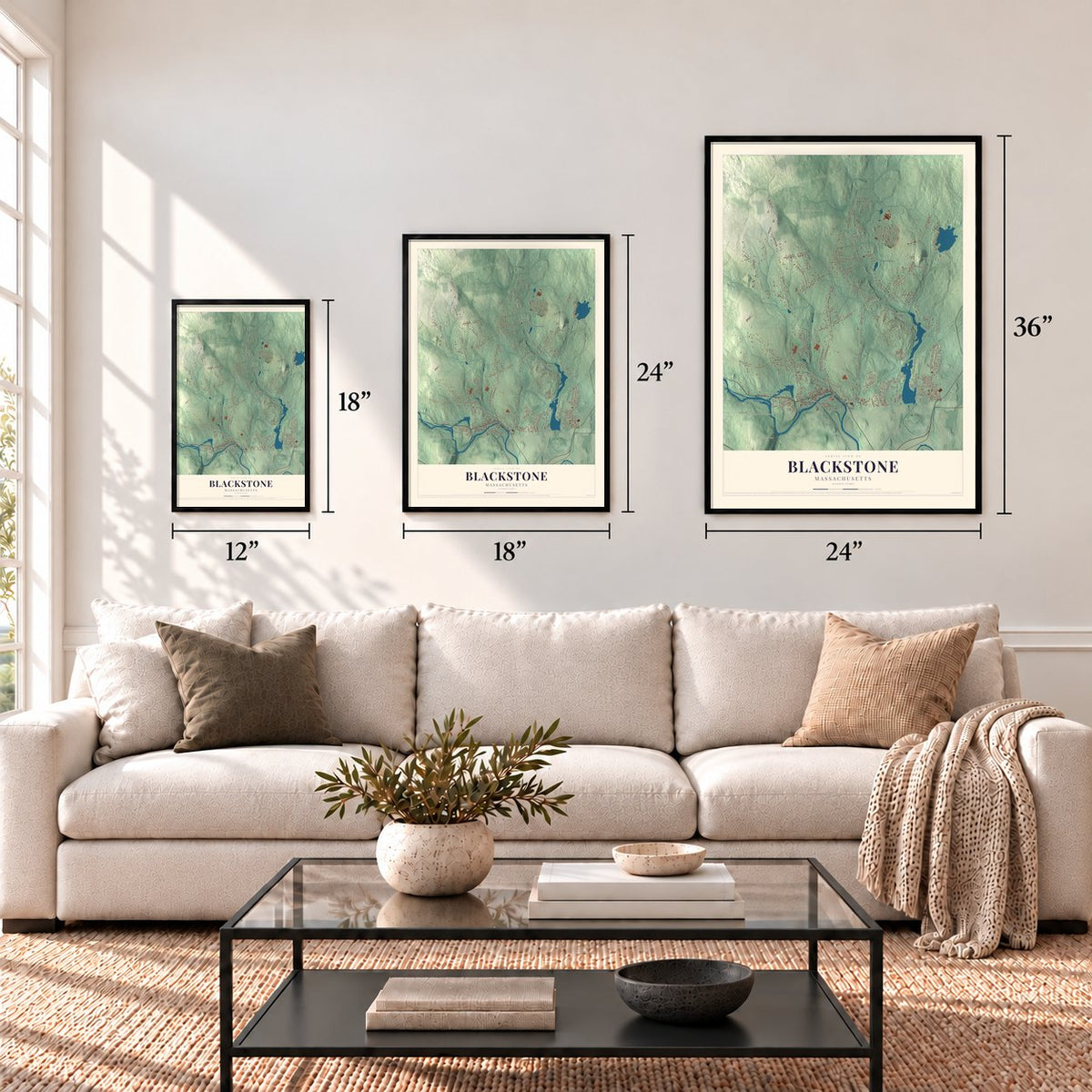 Blackstone, Massachusetts map in 12 x 18, 18 x 24 and 24 x 36 inch sizes above a sofa