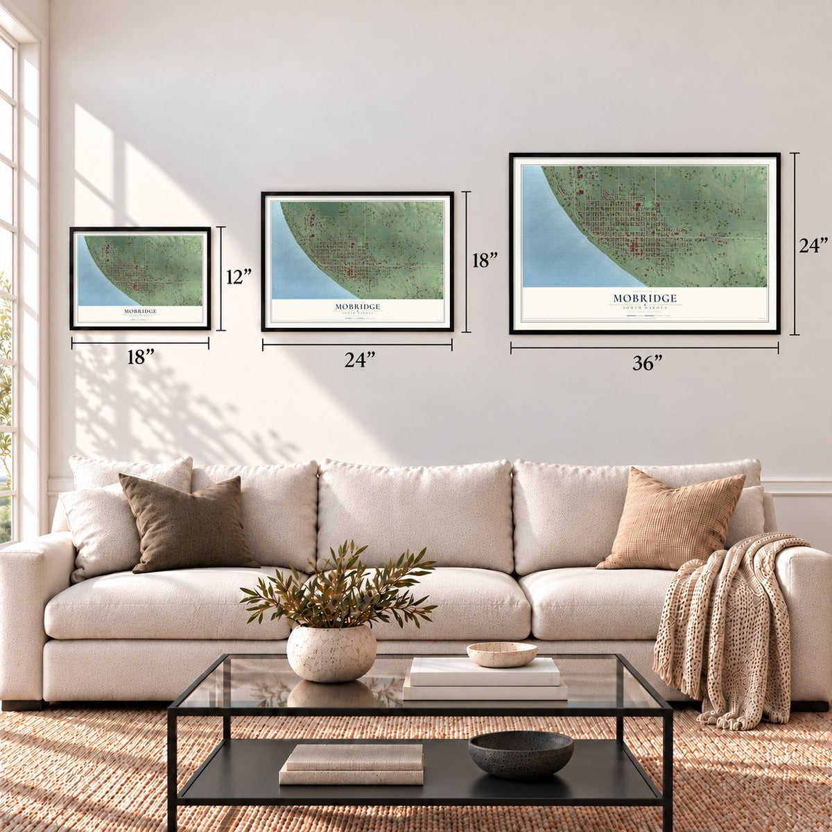 Mobridge, South Dakota map in 12 x 18, 18 x 24 and 24 x 36 inch sizes above a sofa