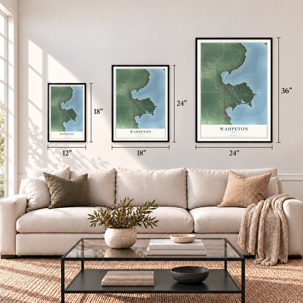Wahpeton, Iowa map in 12 x 18, 18 x 24 and 24 x 36 inch sizes above a sofa