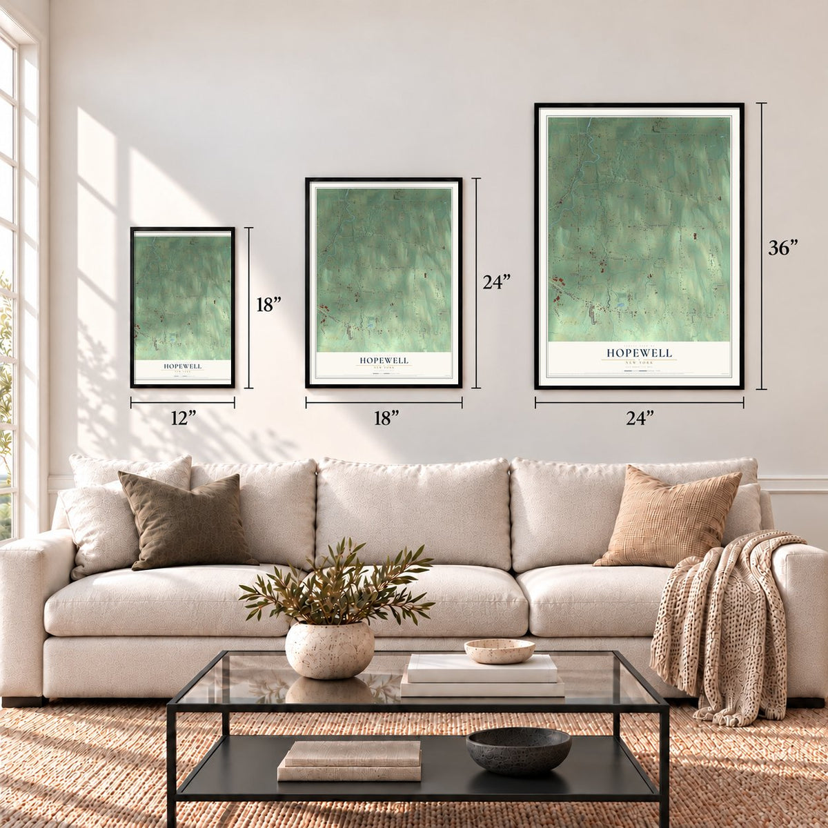 Hopewell, New York map in 12 x 18, 18 x 24 and 24 x 36 inch sizes above a sofa