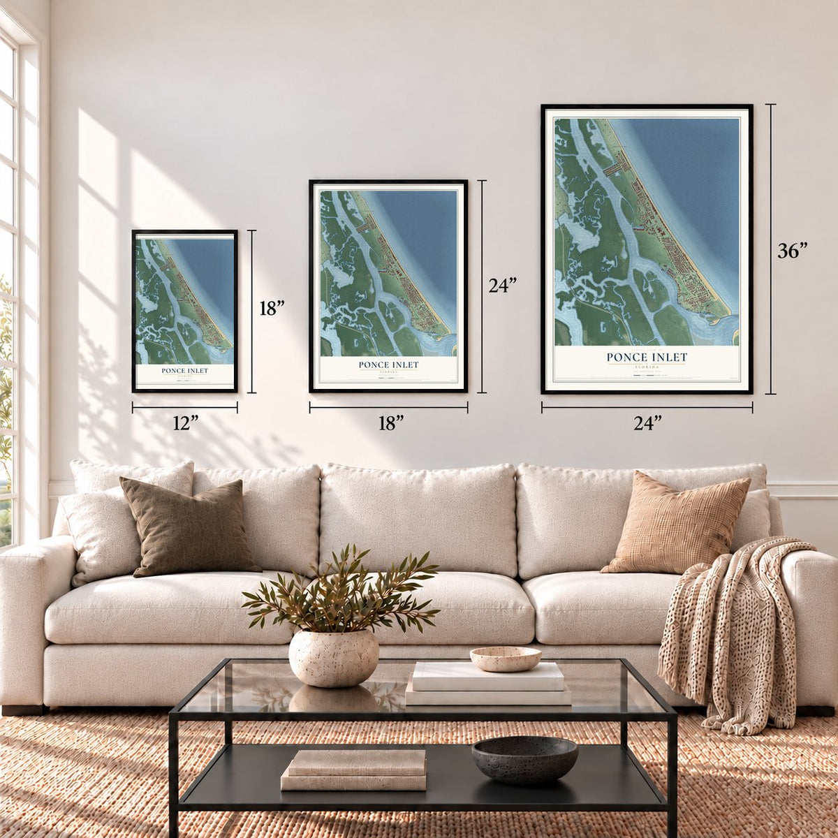 Ponce Inlet, Florida map in 12 x 18, 18 x 24 and 24 x 36 inch sizes above a sofa