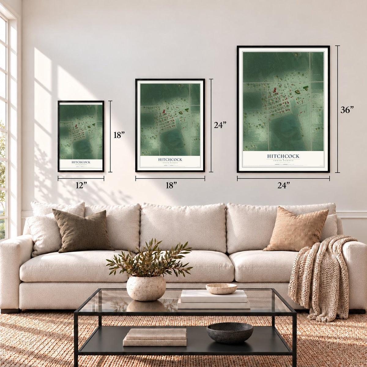 Hitchcock, South Dakota map in 12 x 18, 18 x 24 and 24 x 36 inch sizes above a sofa