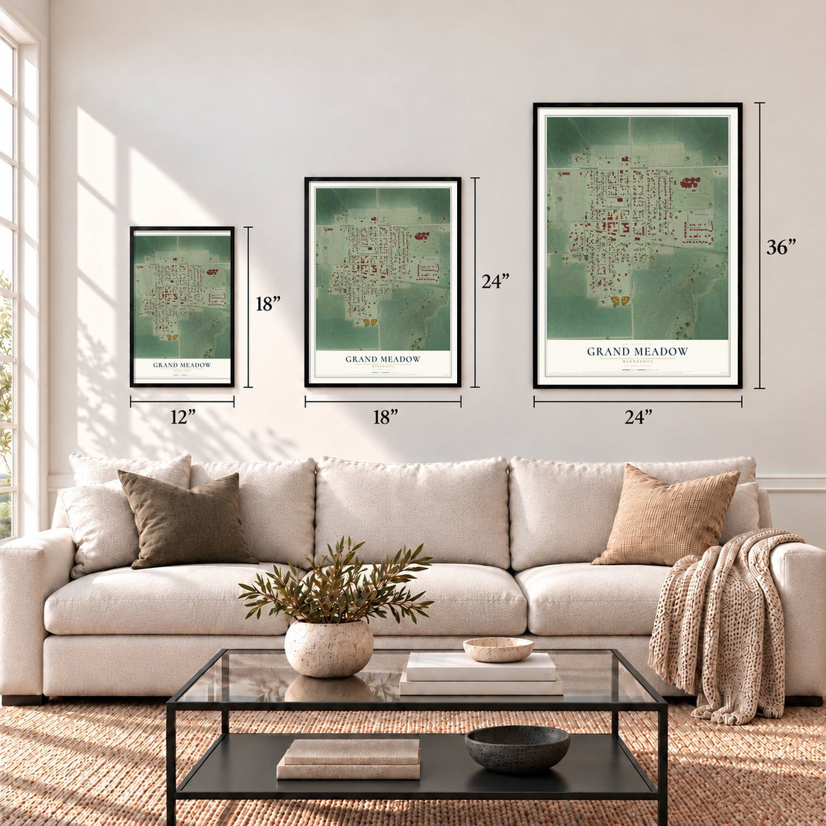 Grand Meadow, Minnesota map in 12 x 18, 18 x 24 and 24 x 36 inch sizes above a sofa