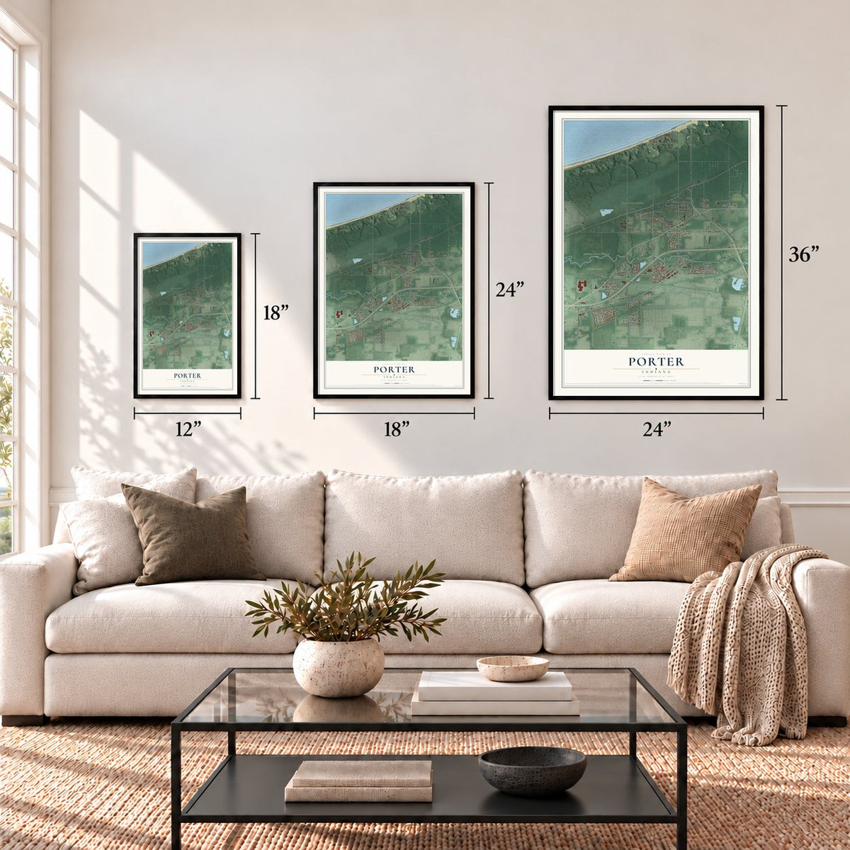 Porter, Indiana map in 12 x 18, 18 x 24 and 24 x 36 inch sizes above a sofa