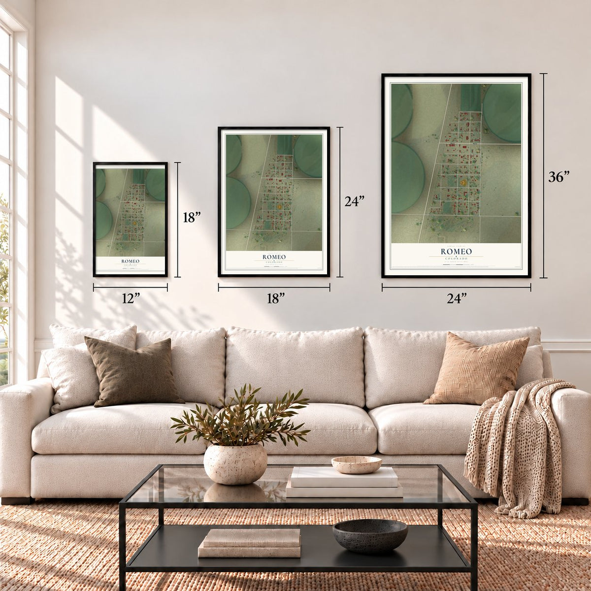 Romeo, Colorado map in 12 x 18, 18 x 24 and 24 x 36 inch sizes above a sofa