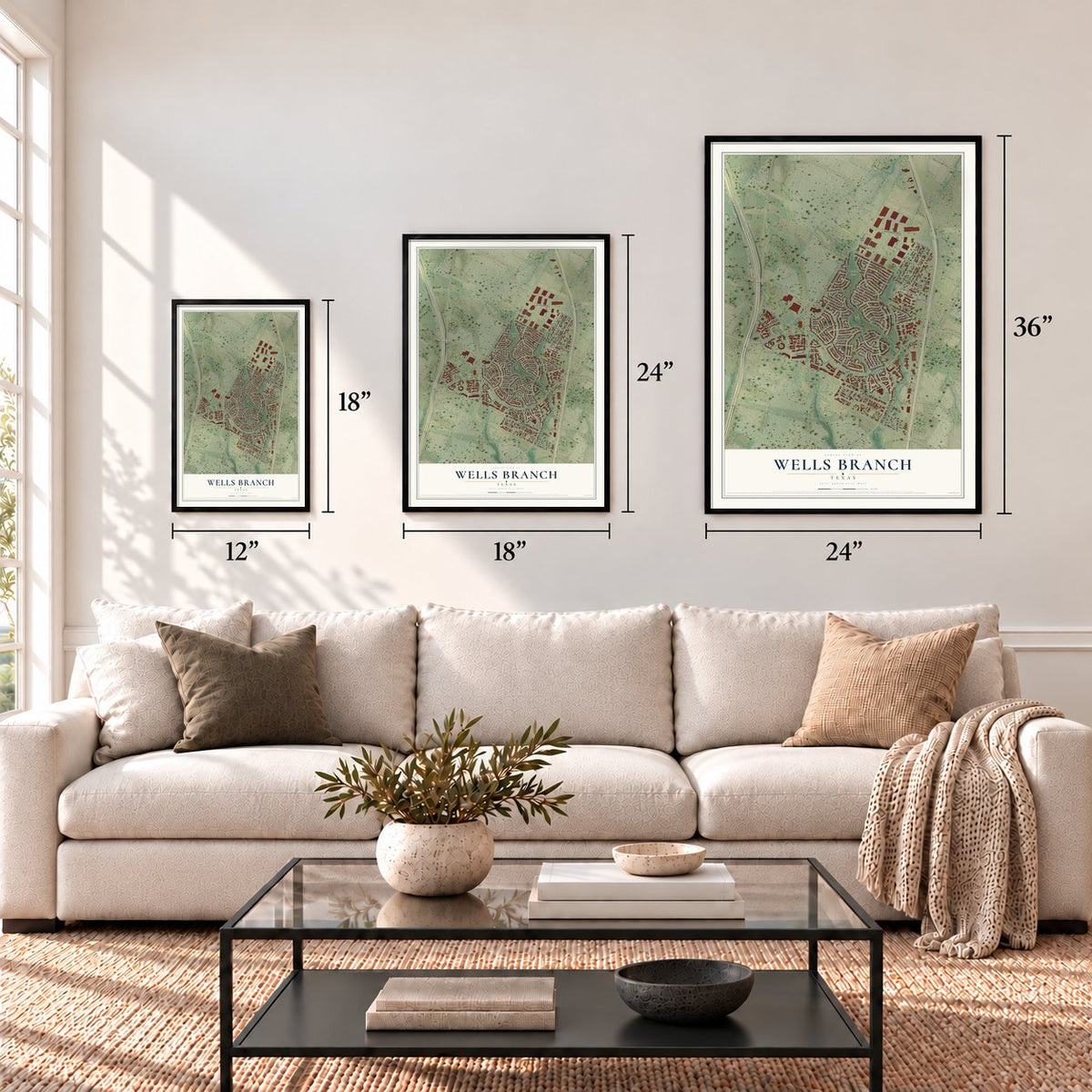 Wells Branch, Texas map in 12 x 18, 18 x 24 and 24 x 36 inch sizes above a sofa