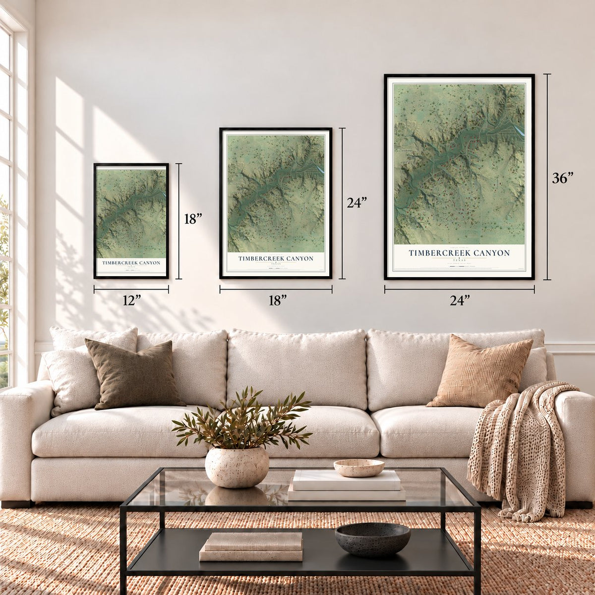 Timbercreek Canyon, Texas map in 12 x 18, 18 x 24 and 24 x 36 inch sizes above a sofa
